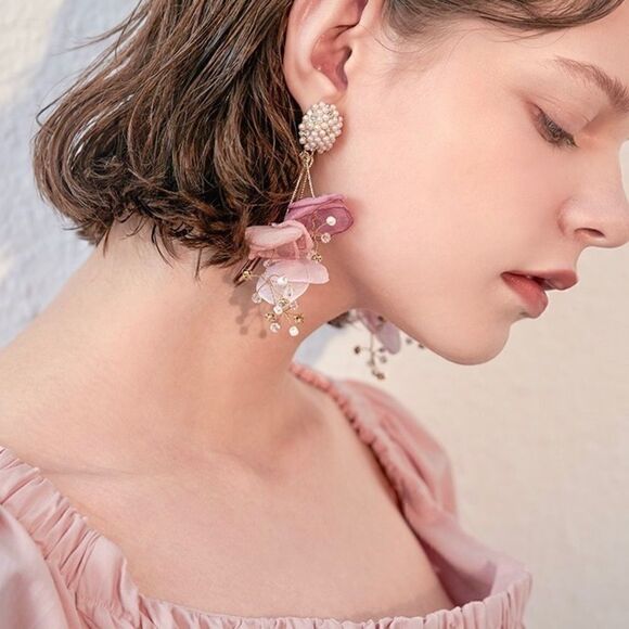 New mesh flower and pearl earrings(Silver Needle) - Picture 4 of 14